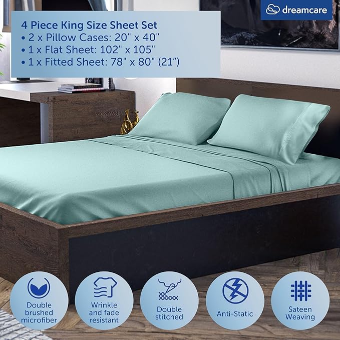 DREAMCARE King Size Sheets Set – 4 pcs Cooling Sheets – up to 21” Deep Pocket King Sheet Set – Hotel Luxury Sheets & Pillowcases – Superior Softness 100% Microfiber with Side Pocket - Spa Blue
