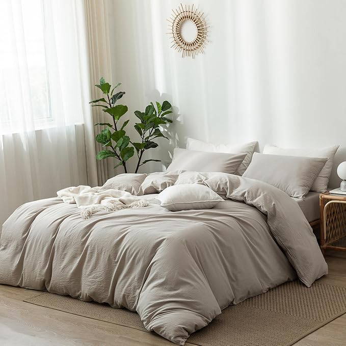 MooMee Bedding Duvet Cover Set 100% Washed Cotton Linen Like Textured Breathable Durable Soft Comfy (Heathered Cream Grey, Super Queen 90"x98")
