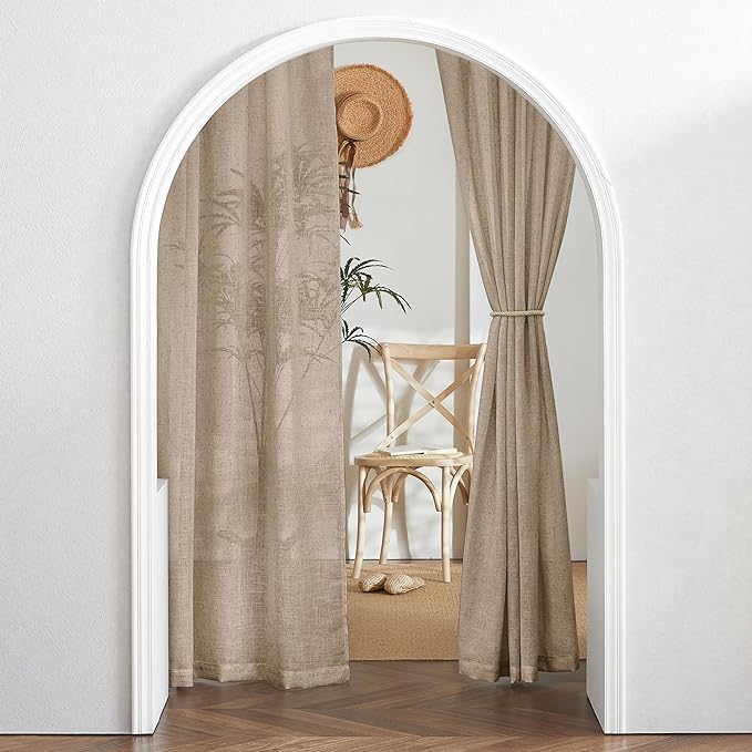 RYB HOME Light Filtering Linen Sheer Curtains, Back Tab Rod Pocket Privacy Protected Linen Blend Burlap Panels for Farmhouse/Living Room/Dining Room, Khaki, Length 84 by Width 52 inch, 2 Panels
