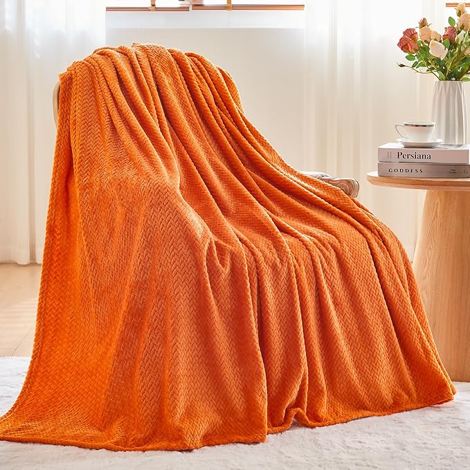 NEWCOSPLAY Super Soft Twin Blanket Orange Premium Silky Flannel Fleece Leaves Pattern Lightweight Bed Blanket All Season Use (Orange, Twin(60"x80"))