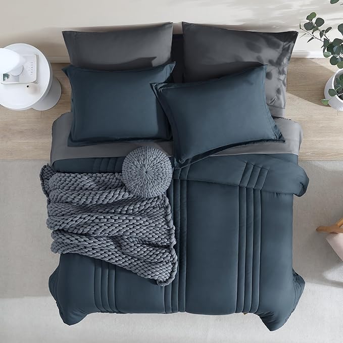 Monbix Queen Comforter Set - 7 Pieces Blue Gray Bed in a Bag Queen Bedding Sets with Comforters, All Seasons Comforter Bed Set with Sheets,Pillowcases & Shams