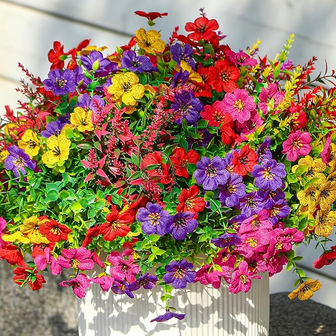 SHareconn 36 Bundles Artificial Flowers for Outdoors Decoration, Faux Plants Fake Silk Colorful Daisy Eucalyptus Lavender, UV Resistant for Outside Home Porch Patio Spring Decor, RedRosyPurpleYellow