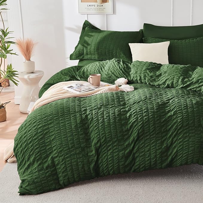 HYMOKEGE Dark Green Full Size Comforter Sets Seersucker 7 Pieces, All Season Luxury Bed in a Bag for Bedroom, Bedding Set with Comforters, Sheets, Pillowcases & Shams