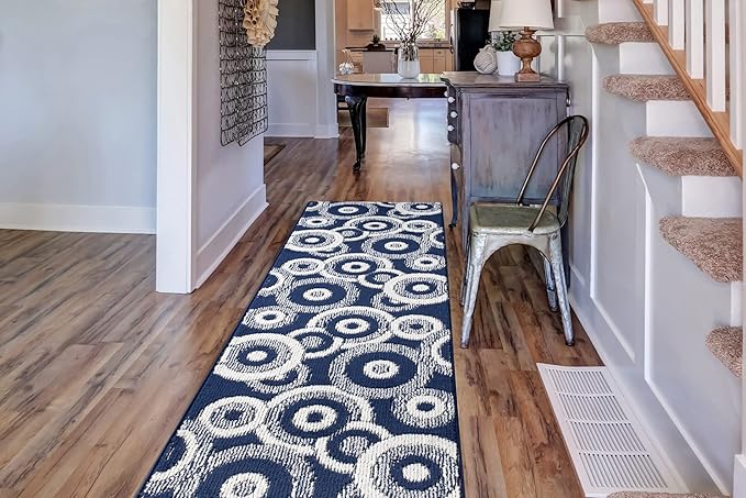 Custom Length Cut to Size Retro Modern Coastal Carpet Runner Rug for Hallways, Non Slip Rubber Backed, 31 inch Wide X Customized Length, Geo Blue, 31 inch X 5 feet