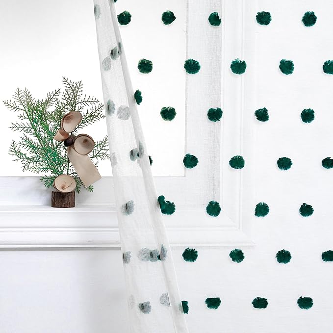 MYSKY HOME Short Christmas Curtains for Small Window - 45 Inch Long Kitchen & Bedroom Sheer Curtains - Hunter Green & White Pom Pom Panels - 2 Sets 52 x 45 Inch