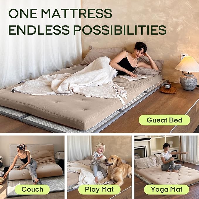 ZonLi Japanese Floor Futon Mattress Queen Size 80"x 60", 100% Cotton Cover 4'' Thicken Tatami Mattress, Foldable Sleeping Pad, Portable Dormitory Tatami Mat(Khaki)