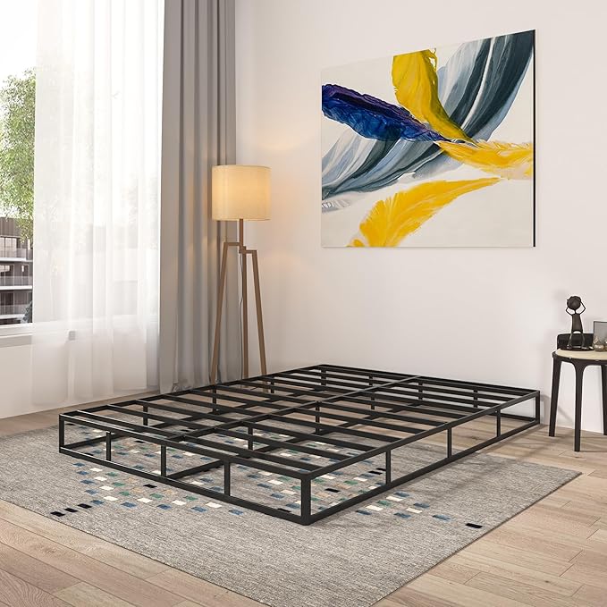 Qingzhou Box Spring for Queen Bed, 7 Inch High Metal Queen Box Spring Only, Heavy Duty Mattress Foundation with Fabric Cover, Easy Assembly, Quiet Noise Free, Non Slip, Black