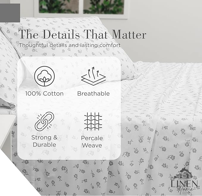 Linen Home 100% Cotton Printed Percale Sheets Queen Size, Deep Pocket, 4 Pieces Set - 1 Flat, 1 Deep Pocket Fitted Sheet and 2 Pillowcases, Crisp Cool and Strong Bed Linen, Grey Silhouette Floral