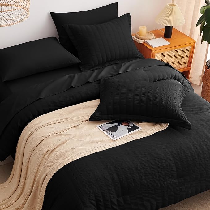 CozyLux Queen Comforter Set Black Seersucker 7 Pieces Bed in a Bag Queen Comforter Set with Sheets, Luxury Soft Bedding Set with Down Alternative Comforter, Sheets, Pillowcases & Shams for All Seasons