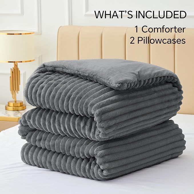 BEDELITE Fleece Queen Comforter Set -Super Soft & Warm Fluffy Grey Bedding, Luxury Fuzzy Heavy Bed Set for Winter with 2 Pillow Cases
