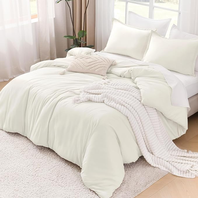 Litanika Ivory Comforter Set King Size, 3 Pieces Lightweight Solid Bedding Comforter Set, All Season Fluffy Bed Set (104x90In Comforter & 2 Pillowcases)