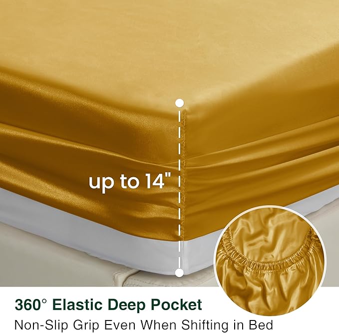 Love's cabin Full Size Satin Sheet Sets - 4 Piece Gold Silky Sheet Set with Deep Pocket, Luxury Silk Feel Satin Sheets Full Bedding Set (1 Flat Sheet,1 Fitted Sheet,2 Pillow Cases)