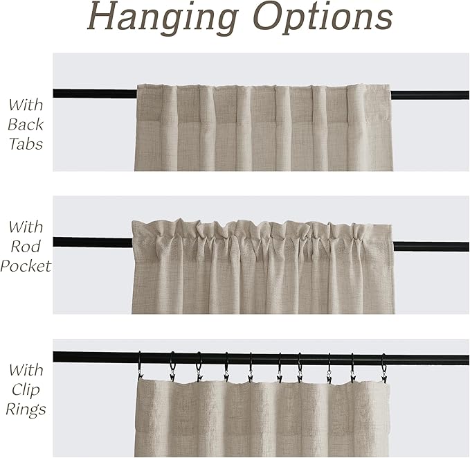 RYB HOME Natural Beige Linen Sheer Curtains 63 inches Long for Living Room and Dining Room, Back Tab/Rod Pocket, Light Filtering Sheer Curtains and Drapes, W 52 x L 63 inches, 2 Panels Set