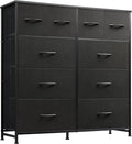 WLIVE Dresser for Bedroom with 10 Fabric Drawers, Tall Chest Organizer Units for Clothing, Closet, Storage Tower with Cabinet, Metal Frame, Wooden Top, Black Dresser for Living Room