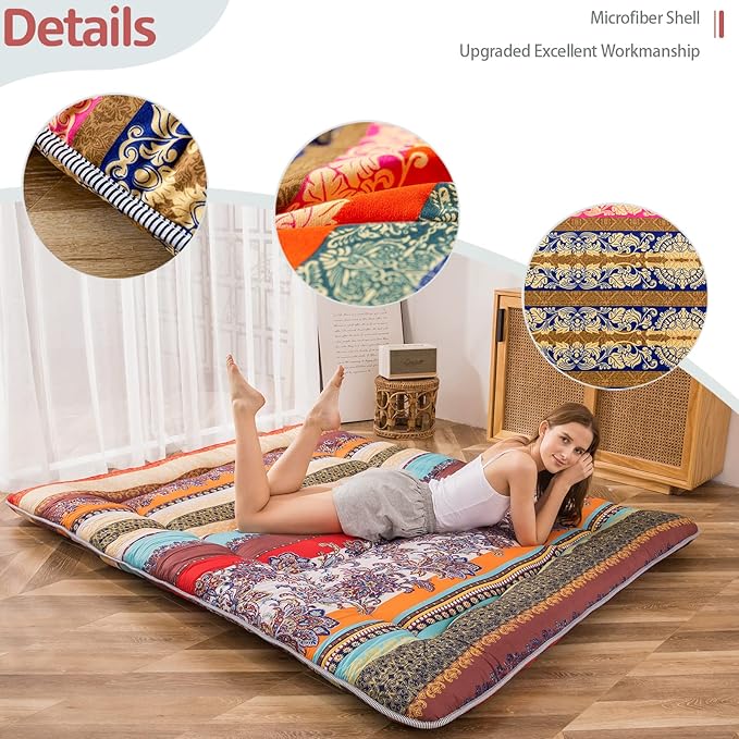 MAXYOYO Bohemian Retro Floor Mattress Vintage Floral Japanese Futon Mattress Roll Up Thicken Sleeping Bed Portable Camping Mattress Floor Lounger Couch Bed Mattress Pad, Queen Size