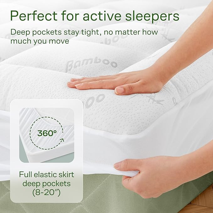 Ultra Soft King Size Mattress Topper - Viscose Made from Bamboo Pillow Top Mattress Pad for Back Pain Relief - Naturally Cooling for Hot Sleepers, White