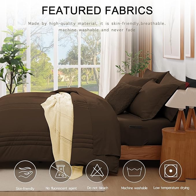 Monbix Full Comforter Set - 7 Pieces Chocolate Brown Bed in a Bag Full Size Bedding Sets with Comforters, All Seasons Down Alternative Comforter with Sheets, Pillowcases & Shams