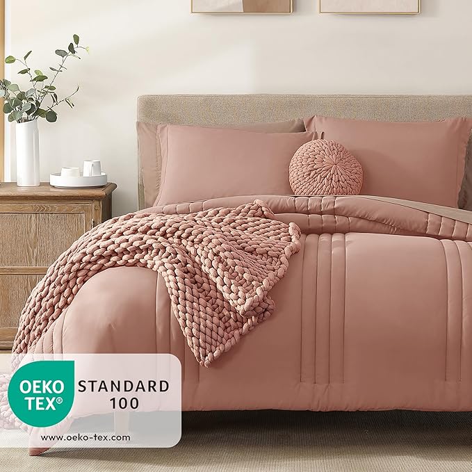 Monbix Queen Comforter Set - 7 Pieces Clay Pink Bed in a Bag Queen Bedding Sets with Comforters, All Seasons Down Alternative Comforter Bed Set with Sheets, Pillowcases & Shams