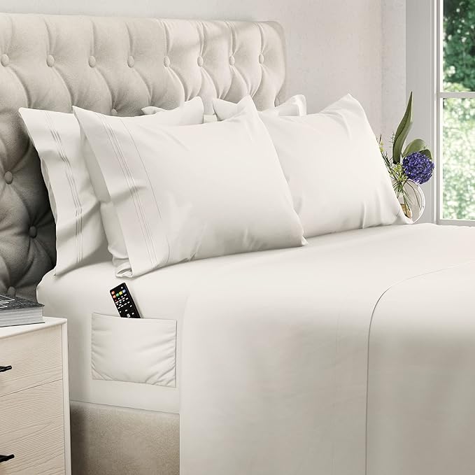 DREAMCARE California King Sheet Sets – 6 pcs Cooling Bed Sheets – up to 21” Deep Cal King Sheets – 2500 Supreme Collection – Extra Soft 100% Brushed Microfiber Hotel Luxury with Side Pocket – Ivory