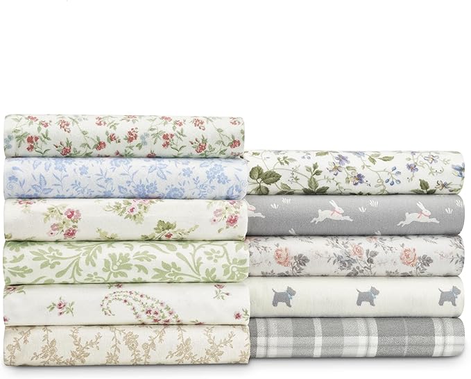Laura Ashley - Flannel Sheets Twin Size, Anti-Pilling & Wrinkle Resistant Cotton, Touchably Soft for All-Season Comfort - Bed Sheets with Matching Pillowcases & Fitted Sheet (Mulholland Plaid Grey)