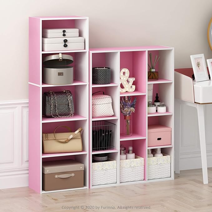 Furinno LUDER Book Shelf, 11-Cube Bookshelf, Reversible Bookcase, 9.4" x 29.1" x 41.7", for Living Room, Bedroom, Home Office, White/Pink