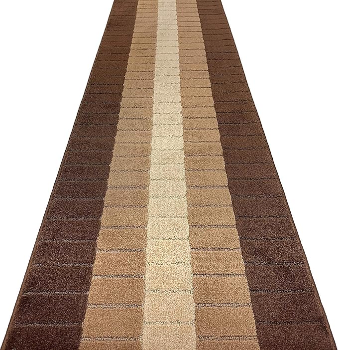 Custom Size Modern Geometric Pattern Carpet Runner Rug for Hallways, Slip Resistant Latex Rubber Backed, 31 inch Wide X Customized Length, Squares Brown, 31 inch X 23 feet