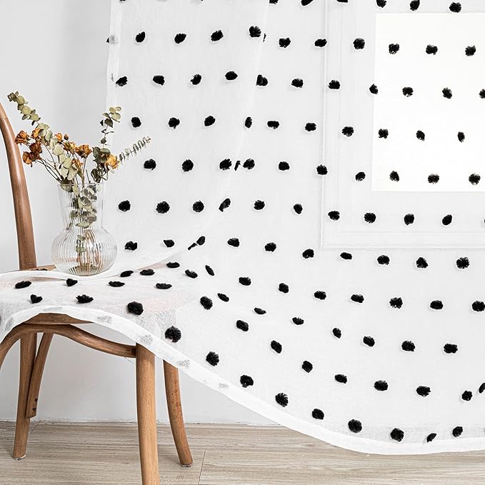 MYSKY HOME 45 Inches Black Pom Pom Sheer Curtains, 2 Panels, 52"W x 45"L, Bedroom, Kitchen, Nursery Room, Rod Pocket, Modern, Unisex, Halloween, Art, Polyester, Sheer, 2 Count