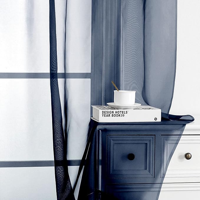 OWENIE Short Sheer Curtains 24 Inches Long 2 Panels for Bathroom Window, Rod Pocket Light Filtering Sheer Tier Curtains for Small Kitchen Laundry Room, RV, Camper Travel Trailers, 42W x 24L, Navy