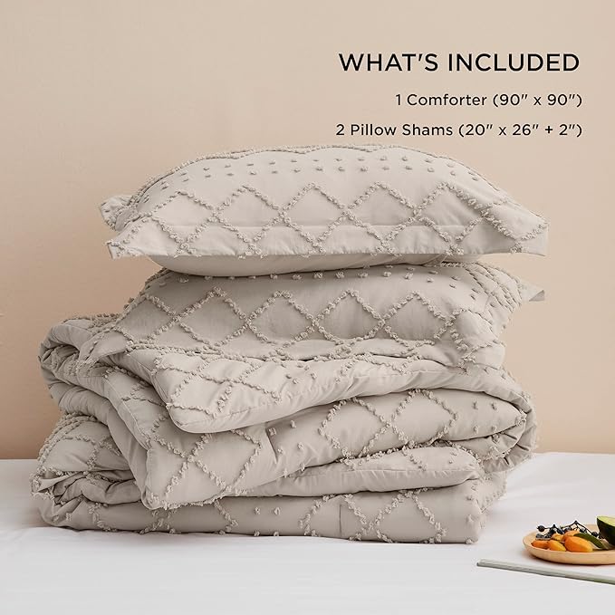 Bedsure Queen Comforter Set - Linen Comforter, Boho Tufted Shabby Chic Bedding for Kids, 3 Pieces Vintage Farmhouse Bed Set for All Seasons, Fluffy Soft Bedding with 2 Pillow Shams