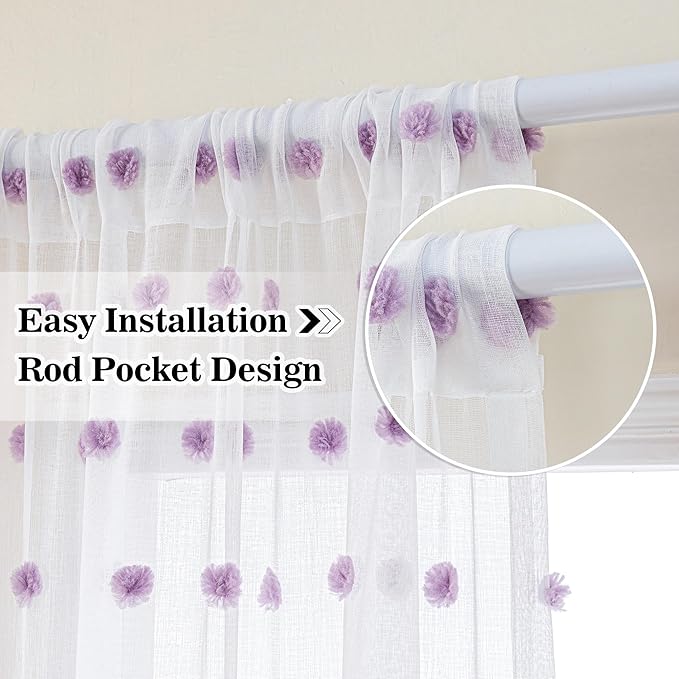 MYSKY HOME Purple Curtains for Girls Bedroom 90 Inch Long White Sheer Curtains with Lilac Pom Pom for Living Room Nursery Curtains 2 Panels Light Filtering Rod Pocket Semi Window Drapes 52 x 90 inch