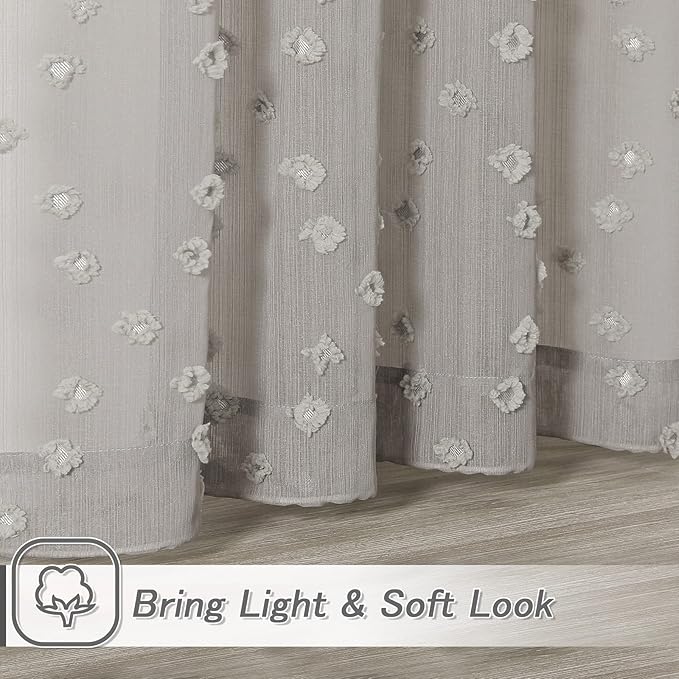 MYSKY HOME Pom Pom Grey Sheer Curtains for Bedroom Girls Room Curtains 84 Inches Long for Nursery Kids Light Filtering Boho Window Drapes, Rod Pocket, 52" Wide, 2 Panels