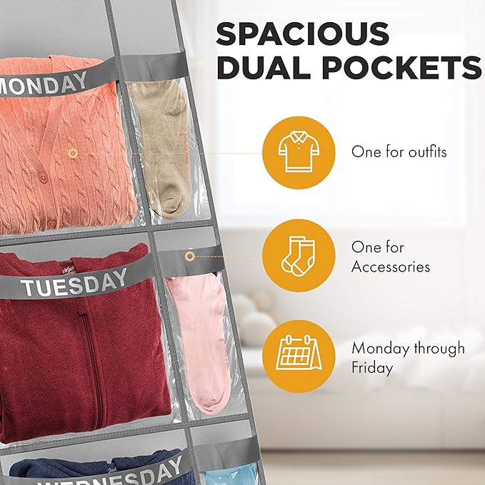 Over the Door Weekly Clothes Organizer - 5 Shelf Hanging Closet Storage with Day of the Week Labels - Weekly Clothes Organizer For Kids - Space-Saving Over Door or Wall Hanging Organizer (Grey)