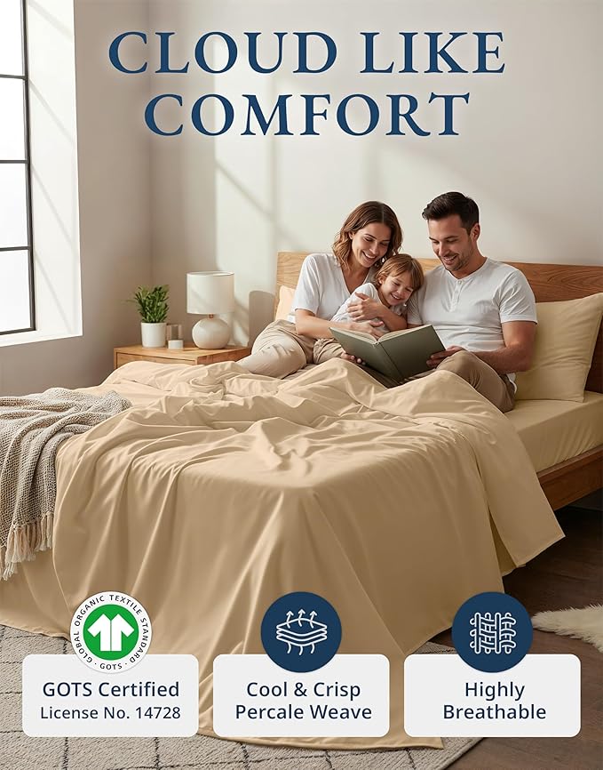 LANE LINEN 100% Organic Cotton Queen Size Sheets Set, Eco Friedly Mercerized Fully Elasticized Queen Sheets, Naturally Temperature Regulating Cooling Cotton Sheets- Linen