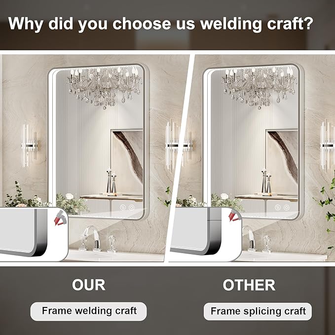 LED Bathroom Mirror with Lights,20x28 Inch Brushed Silver Framed Lighted Vanity Mirror,Anti Fog Stepless Dimmable Wall Mounted(Horizontal/Vertical)