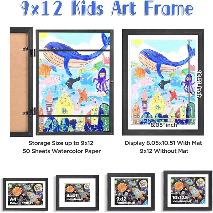 KINLINK 9x12 Kids Art Frames Set of 2, Solid Wood Kids Artwork Frames Changeable with Acrylic Front Opening Holds 150 Pictures, Art Frame for Kids Artwork with Mat or without Mat, Black Wood