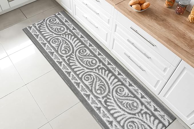 Custom Length Cut to Size Tribal Ethnic Southwestern Inspired Hallway Runner Rug, Non Slip Rubber Backed, 31 inch Wide X Customized Length, Mayan Grey, 31 inch X 18 feet