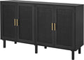Finnhomy 4 Door Sideboard Buffet Cabinet, Kitchen Storage Buffet with Black Painted Rattan Decorated Doors, Cupboard Console Table, Boho Accent Liquor Cabinet, 62.3X 15.7X 34.6 Inches, Full Black