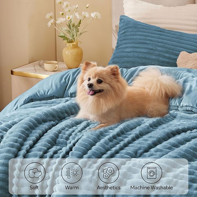 BEDELITE Fleece Queen Comforter Set -Super Soft & Warm Fluffy Blue Fog Bedding, Luxury Fuzzy Heavy Bed Set for Winter with 2 Pillow Cases