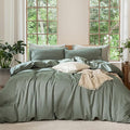 MooMee Bedding Duvet Cover Set 100% Washed Cotton Linen Like Textured Breathable Durable Soft Comfy (Heathered Green, Oversized Queen 98"x98")