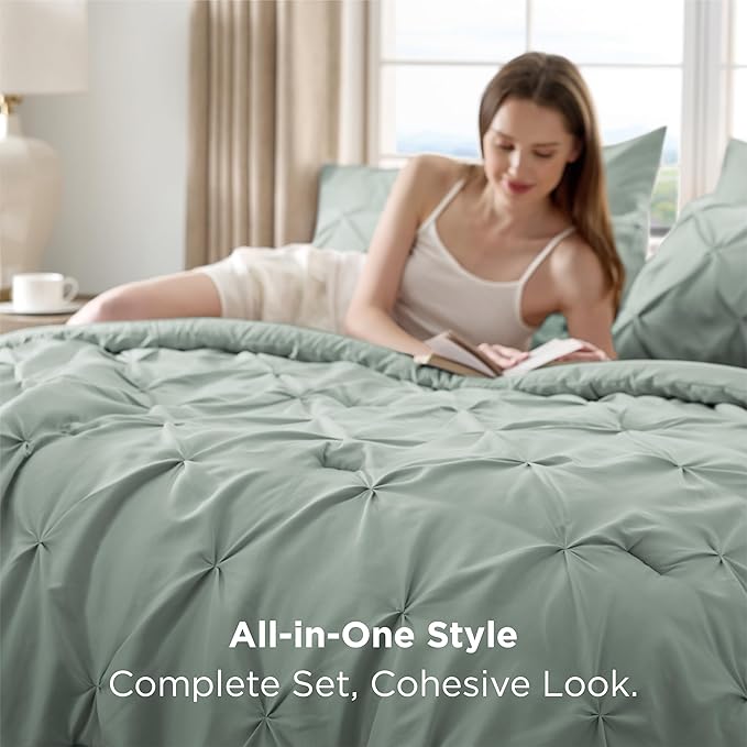 Bedsure California King Comforter Set - Bed in a Bag Cal King Bedding Set 7 PCS, GentleSoft™ Pintuck Bed Set Gift for Family, Pinch Pleat Sage Green Comforter with Sheets, Pillowcases & Shams