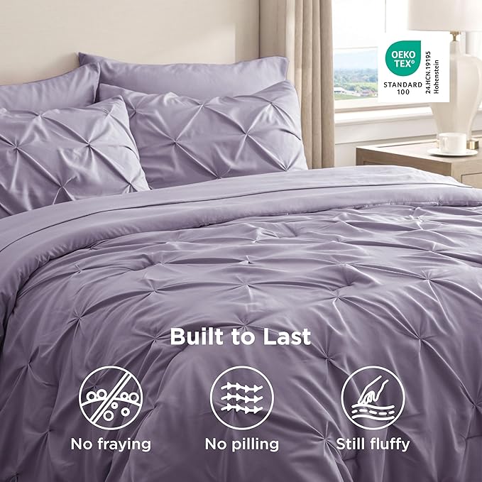 Bedsure California King Comforter Set - Bed in a Bag Cal King Bedding Set 7 PCS, GentleSoft™ Pintuck Bed Set Gift for Family, Pinch Pleat Purple Comforter with Sheets, Pillowcases & Shams