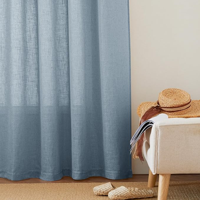 RYB HOME Light Filtering Curtains 95 inches Long 2 Panels Set, Privacy Protected Linen Blend Panels for Farmhouse/Living Room/Dining Room, Dusty Blue, Width 52 inch