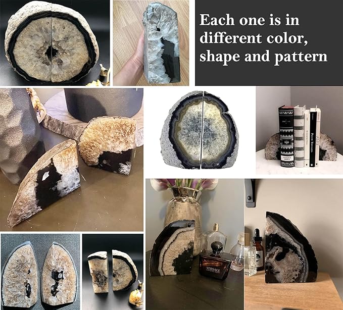 AMOYSTONE Crystal Stone Bookends Decorative Agate Book Ends Holder Geode Bookend Heavy Duty Natural Black Color (1 Pair, 4-6 LBS)