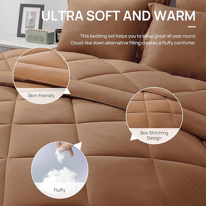 Love's cabin Twin XL Comforter Set Mocha Mousse, 5 Pieces Twin XL Bed in a Bag, All Season Bedding Sets with 1 Comforter, 1 Flat Sheet, 1 Fitted Sheet, 1 Pillowcase and 1 Pillow Sham