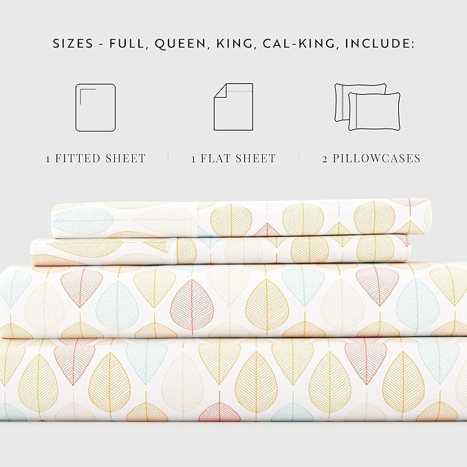 Linen Market Double-Brushed Patterned Microfiber California King Sheet Set 4 Piece – OEKO-TEX Certified Ultra Soft & Wrinkle-Free - 16" Deep Pocket Sheets Easy Care Cal-King Size - Fall Foliage Yellow