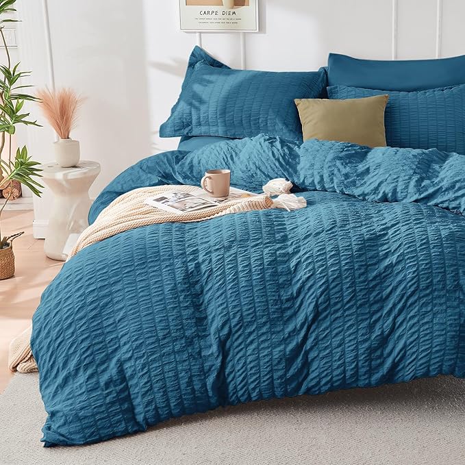 HYMOKEGE Teal Queen Comforter Set Seersucker 7 Pieces, All Season Luxury Bed in a Bag for Bedroom, Bedding Set with Comforters, Sheets, Pillowcases & Shams