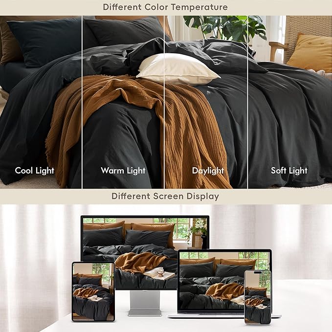 MooMee Bedding Duvet Cover Set 100% Washed Cotton Linen Like Textured Breathable Durable Soft Comfy (Solid Black, Full 80"x90")