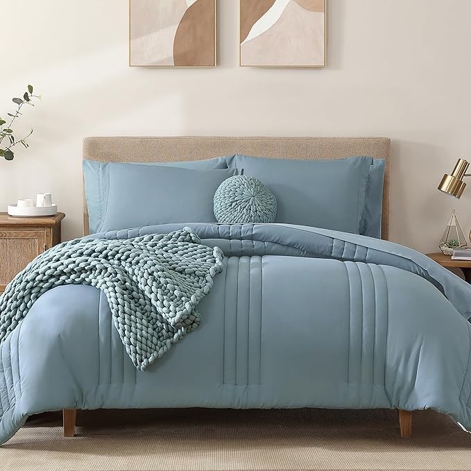 Monbix Queen Comforter Set - 7 Pieces Dusty Blue Bed in a Bag Queen Bedding Sets with Comforters, All Seasons Down Alternative Comforter Bed Set with Sheets, Pillowcases & Shams