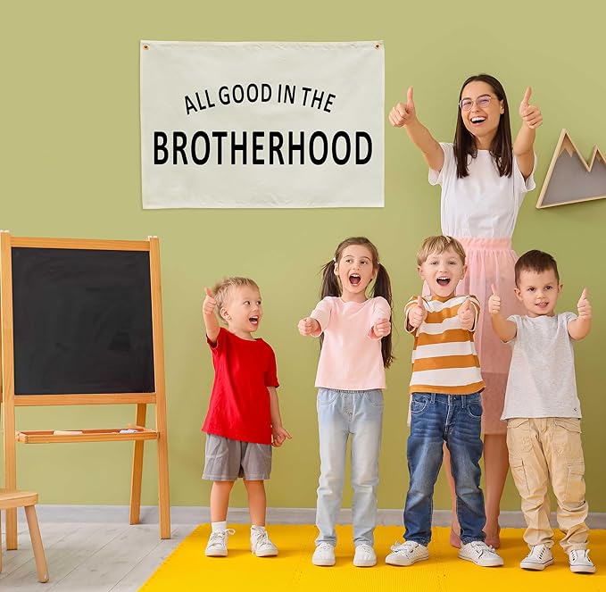 Nursery Rectangular Canvas Banner-Boho Flag Wall Sign for Boys Kids Brother,Baby Room Above Crib Playroom Reading Room Bedroom Decor-All Good in The Brotherhood-Baby Shower Birthday Christmas Gift