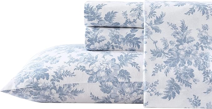 Laura Ashley - Flannel Sheets Queen Size, Anti-Pilling & Wrinkle Resistant Cotton, Touchably Soft for All-Season Comfort - Bed Sheets with Matching Pillowcases & Fitted Sheet (Vanessa Blue)